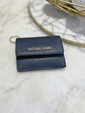 Michael Kors Jet Set Travel Saffiano Leather Card Case Keychain Wallet Navy Blue